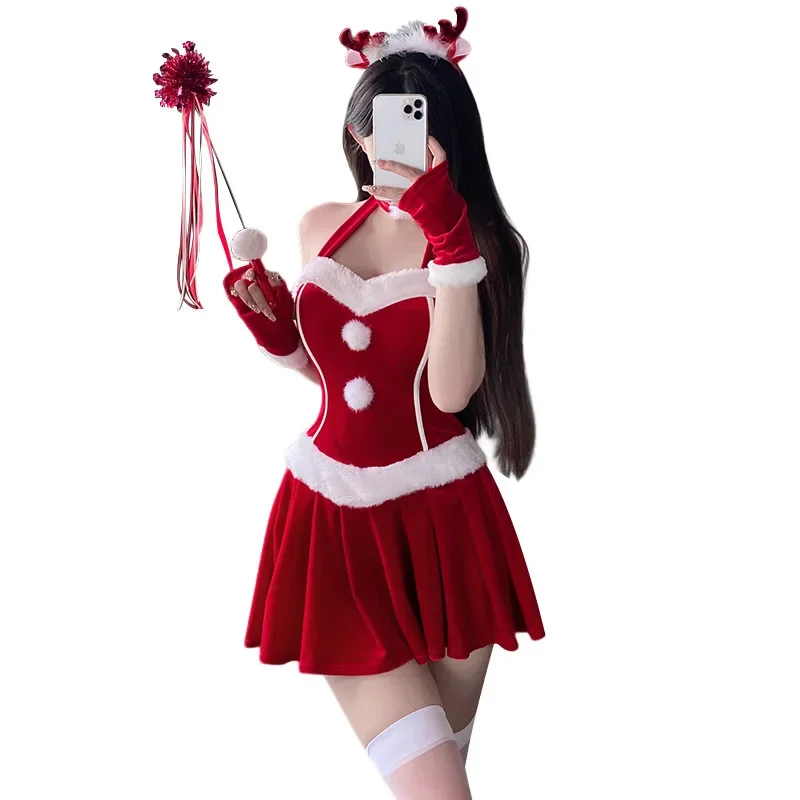 جديد عيد الميلاد زي المرأة المخملية فستان شهوة نقية مثير مضيفة أداء زي هالوين مرحلة كرنفال ملابس الحفلات