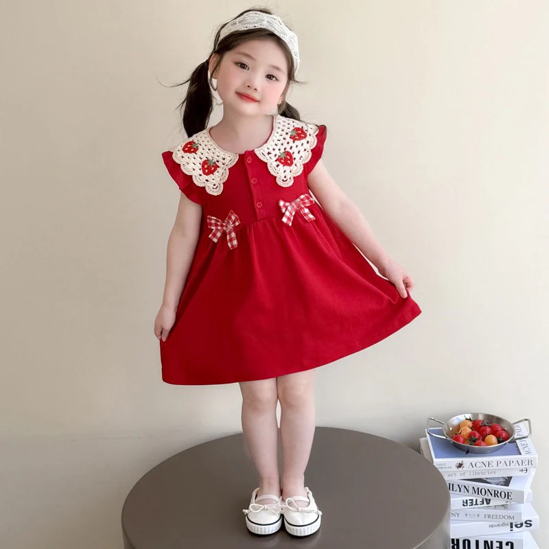 

Humor Bear Princess Dress Girls Dresses Summer Strawberry Bow-Tie Flared Sleeve Red Dress Solid Girls Clothes