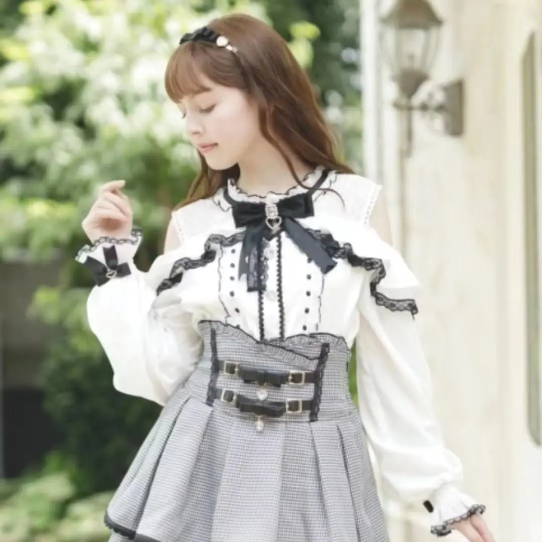 Japanese Lace Ruffle Sleeves Sweet Bow Shirt for Girl's Tops Spring Summer Lolita Blouses Woman's Clothes