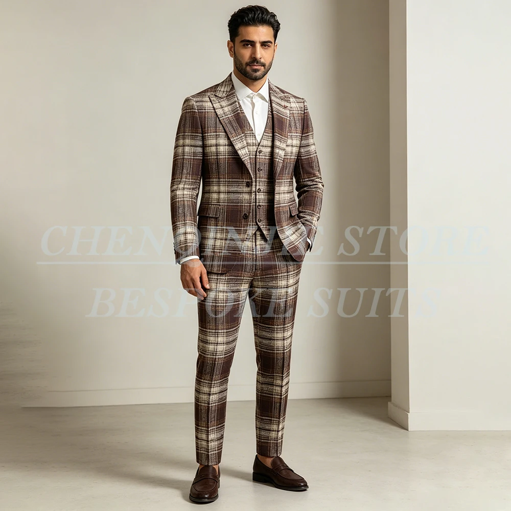 

Vintame 3 Piece Men's Suits Plaid Jacket Pants Vest Full Sets Luxury Windowpane Single Breasted Blazer High Quality Outfits