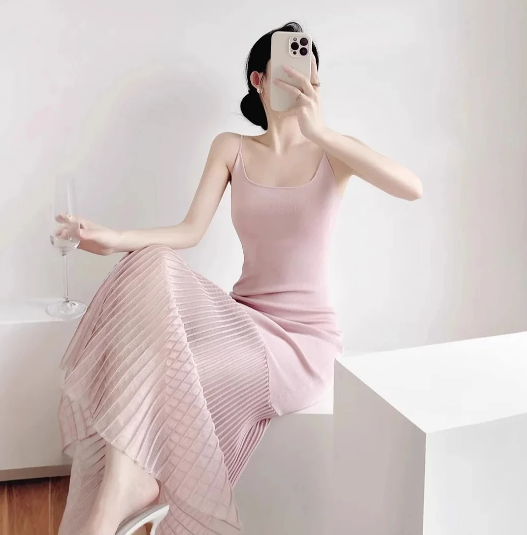 Vestido Sexy de punto satinado con espalda descubierta para mujer, vestido ajustado con tirantes y dobladillo de cola de pez, vestido largo con chaleco de seda helada de alta calidad