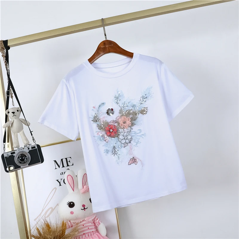 

White T-shirt Women's Short-Sleeved Floral Tshirt 2024 Summer New High-End Heavy Embroidery Flower Chic Top Tees ﻿