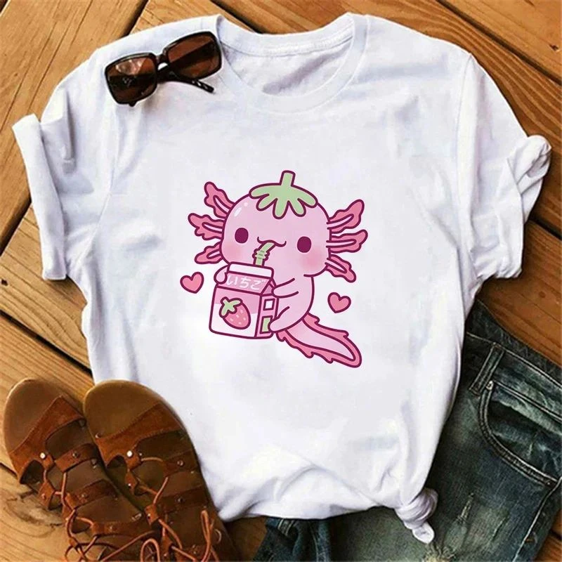 Axolotl Relaxolotl Kawaii Cute Pattern Funny Print T-Shirt Fashion Women Cotton O-neck T-shirt Loose Y2K Short Sleeve Top