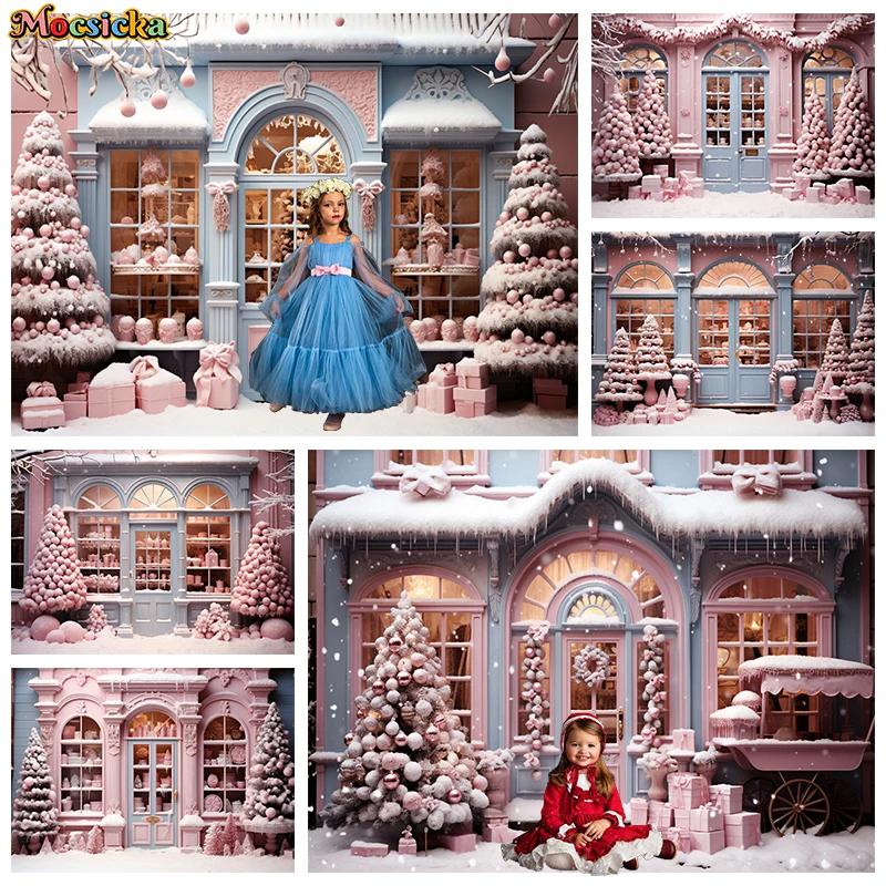 

Mocsicka Christmas Photography Background Xmas Tree Pink Cake Shop House Snow Decorations Children Photo Backdrops Studio Banner