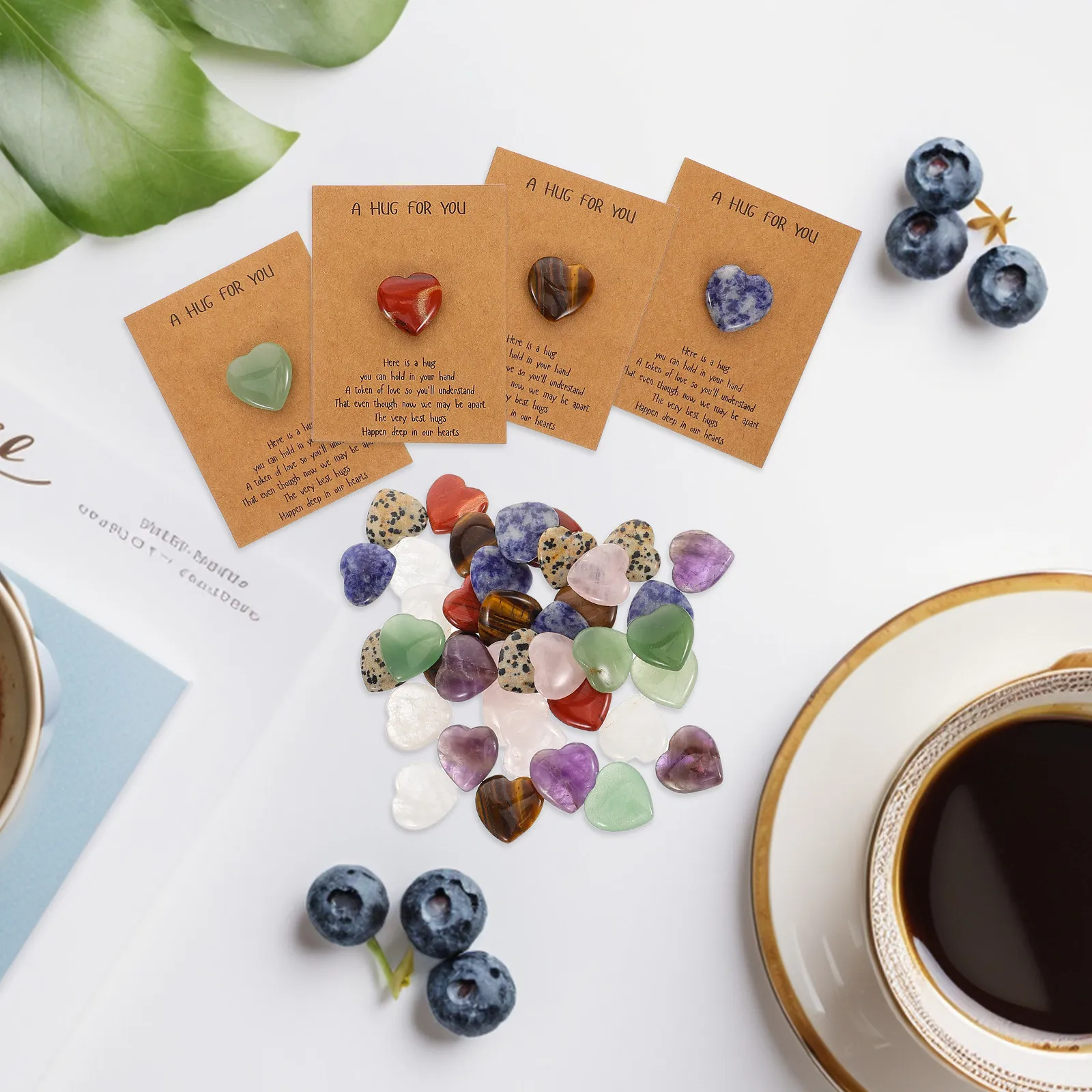 

40 Sets Valentines Greeting Cards Natural Crystal Stones Heart Shapes Exchange Cards Birthday Holiday Party Favors