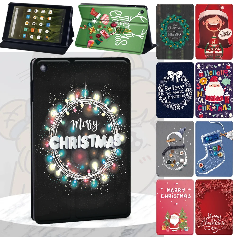 Cover for Fire 7/HD 10 (5th 7th 9th)/HD 8 (6th 7th 8th 10th)/HD 10 (11th Gen)/HD 10 Plus Leather Christmas Pattern Tablet Case