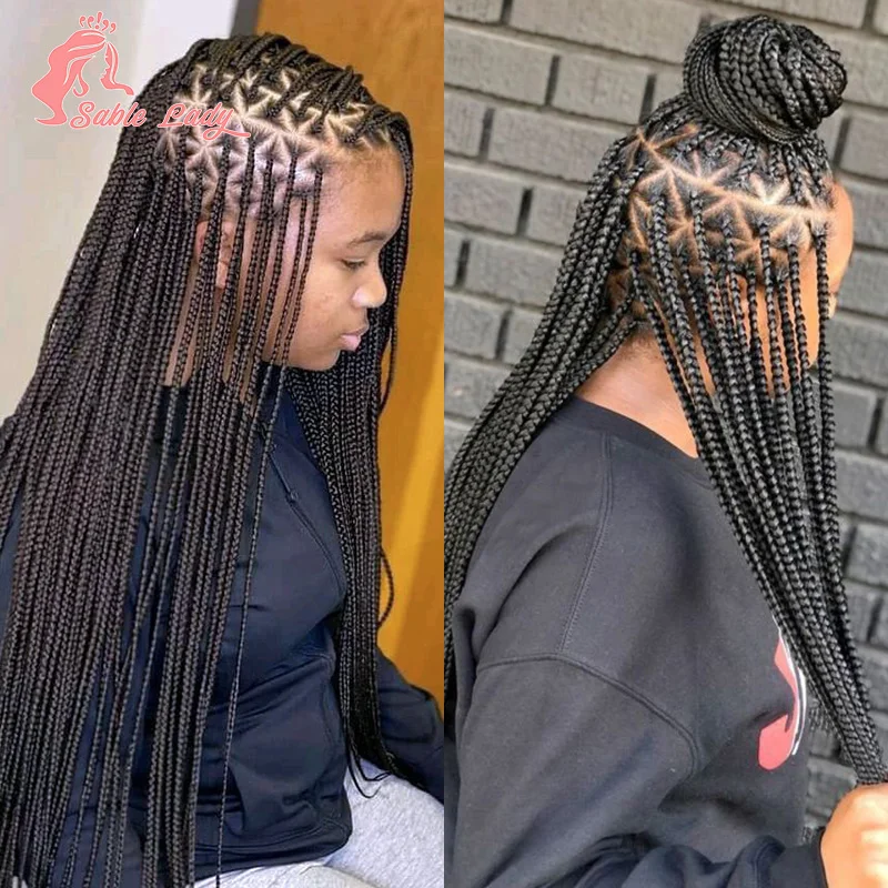 Wig kepang sintetis untuk kotak WANITA HITAM kepang segitiga rambut kepang renda penuh Wig renda Cornrow Lace Wig kepang rambut Wig wanita Sable