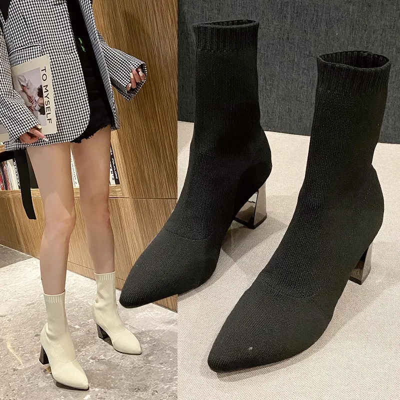 2022 New Autumn Winter Thick High-heeled All-match Thin and Thin Boots Women\'s Pointed Toe Mid-tube Elastic Socks Boots Women