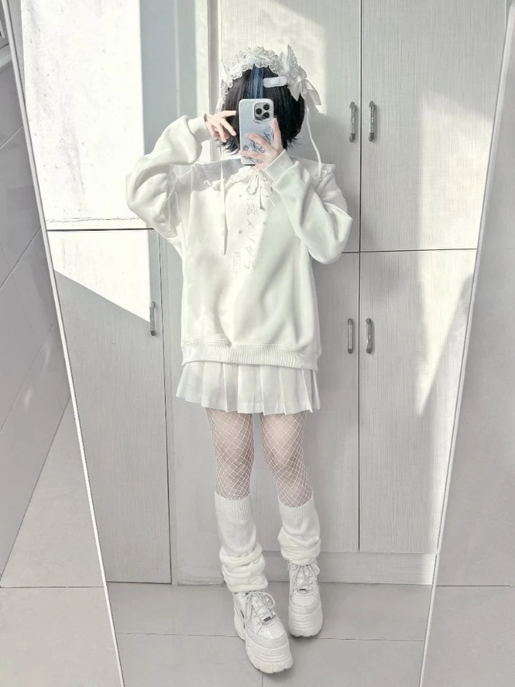 Estilo japonês subcultura bonito doce menina pulôver sólido y2k feminino outono solto casual moda moletom com capuz