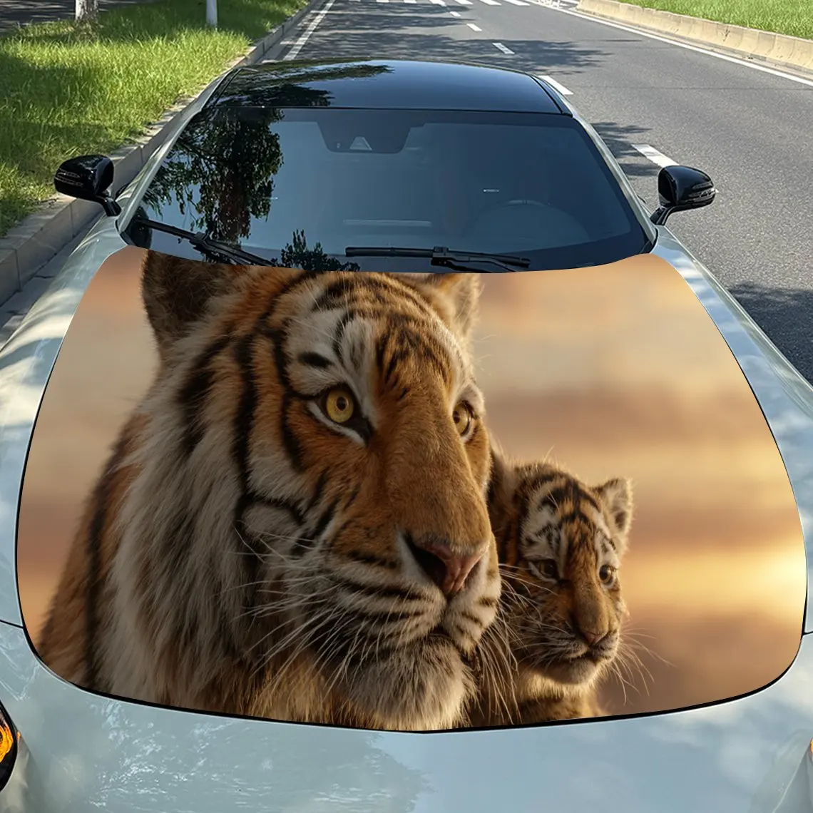 

Lively Tiger Family Car Hood Stickers - Self-Adhesive, Waterproof and Durable Vinyl Wrap, Decorate And Protect Your Car - The Gi