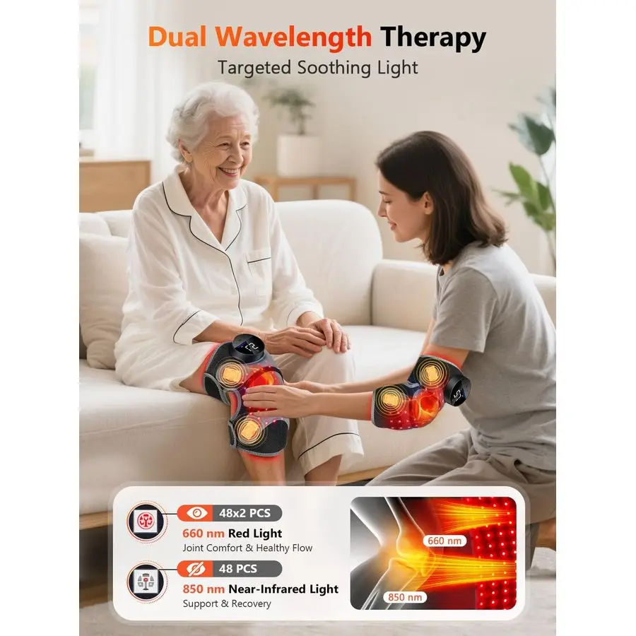 Genouillère pour 4 zones de massage, thérapie par la lumière rouge pour le genou, contrôleur rechargeable sans cordon, arrêt automatique de 20 minutes, ampli 660 nm 850 nm