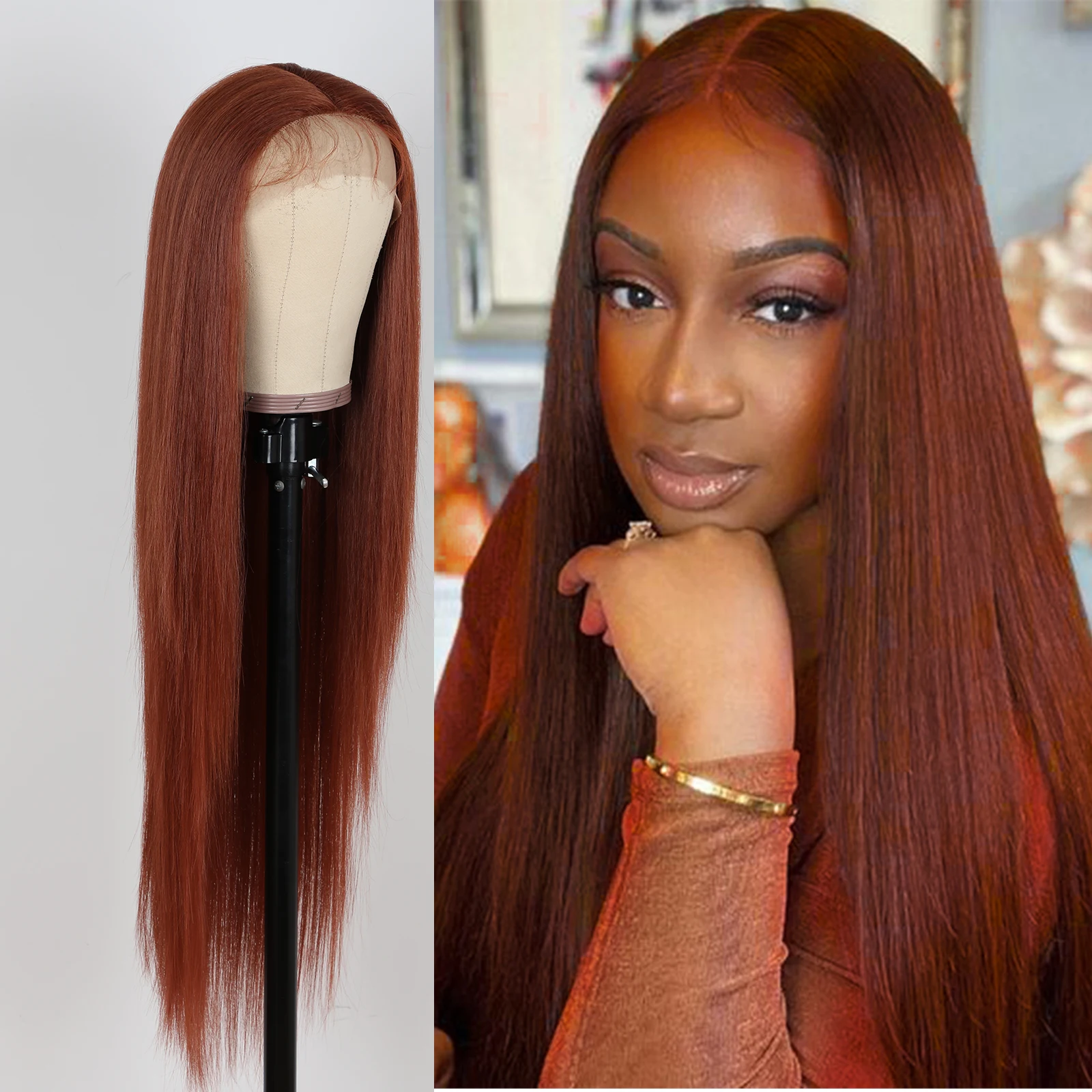 

32 дюймовые Имбирные коричневые синтетические кружевные передние парики, предварительно выщипанные кружевные парики, длинный шелковый прямой натуральный парик, Термостойкое волокно