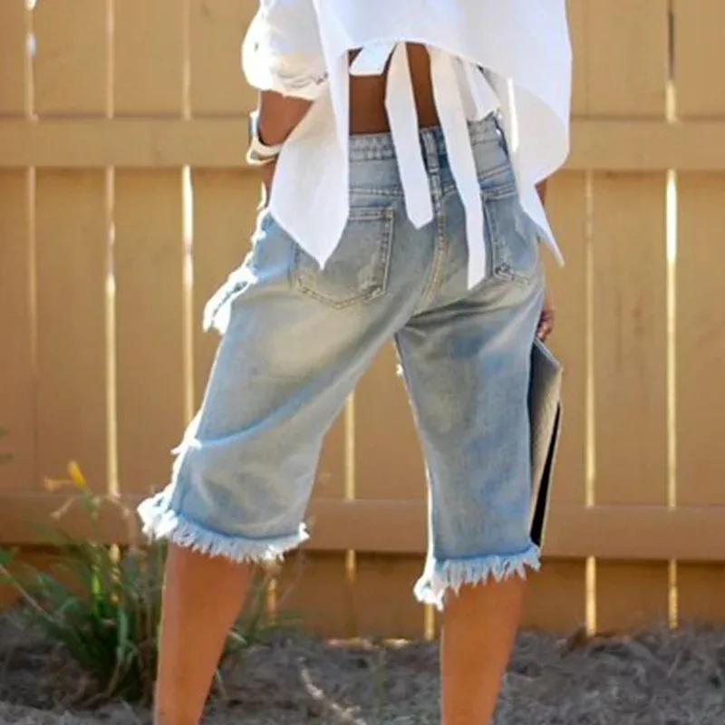 Pantalones cortos vaqueros rasgados para mujer, Vaqueros cortos hasta la rodilla, holgados, rectos, a la moda, talla grande, 2023