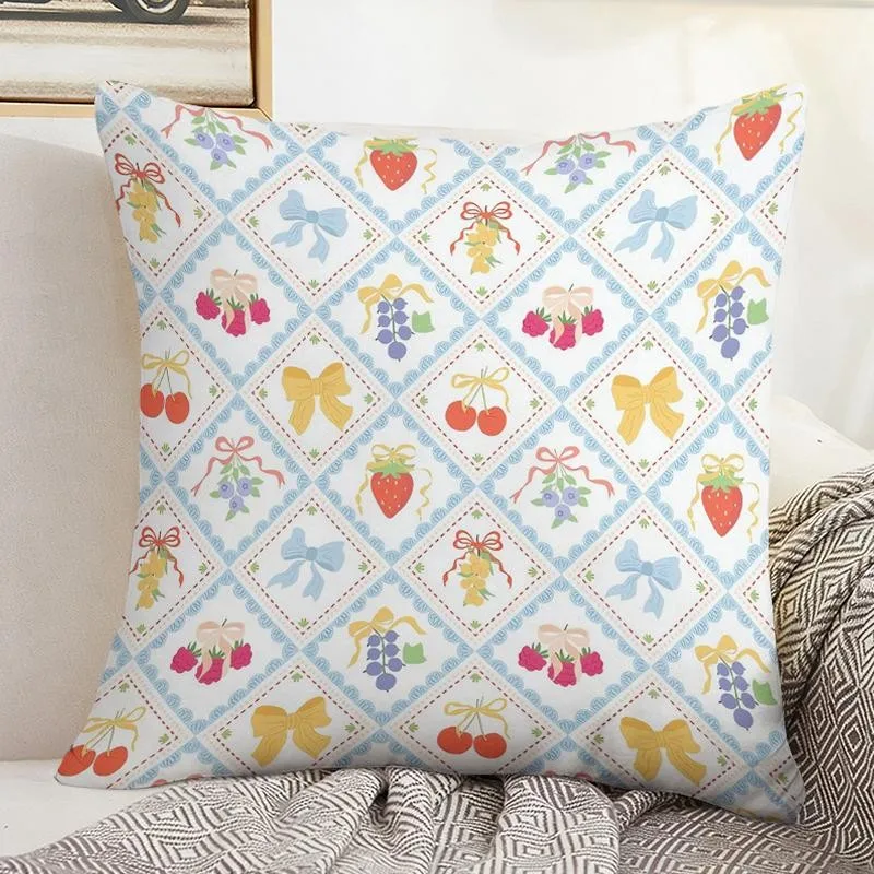 1pc Pastoral Style Fruit Print Pillowcase, 15.75X15.75inch/17.72X17.72inch/19.69X19.69inch, Cute Bow And Checkered Pattern, Double-Sided Print, Fresh Healing Home Decor, Rest Room Sofa Cushion Cover, Living Room/Bedroom/Bay Window/Bedside Square Pillow
