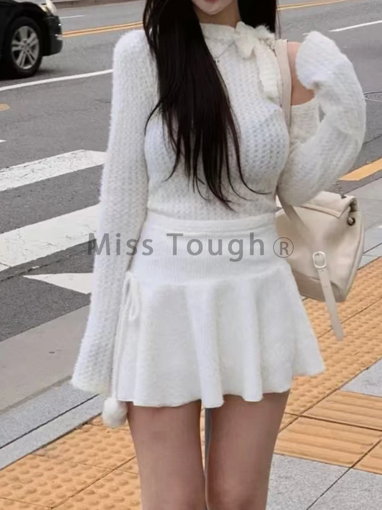 Winter Casual Sweet Solid Knitting 2-piece Set Women Korean Fashion Loose Ruffle Lace Up Skirts Chic Bow Long Sleeve Coat New