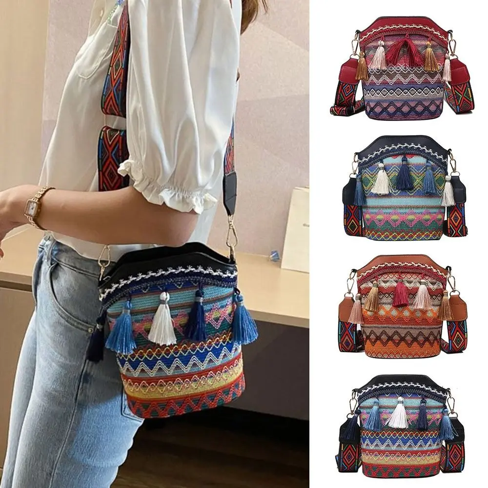 

Bohemian Style Ethnic Style Embroidered Bag With Tassels Square Crossbody Messenger Bag Small One Shoulder Handbags