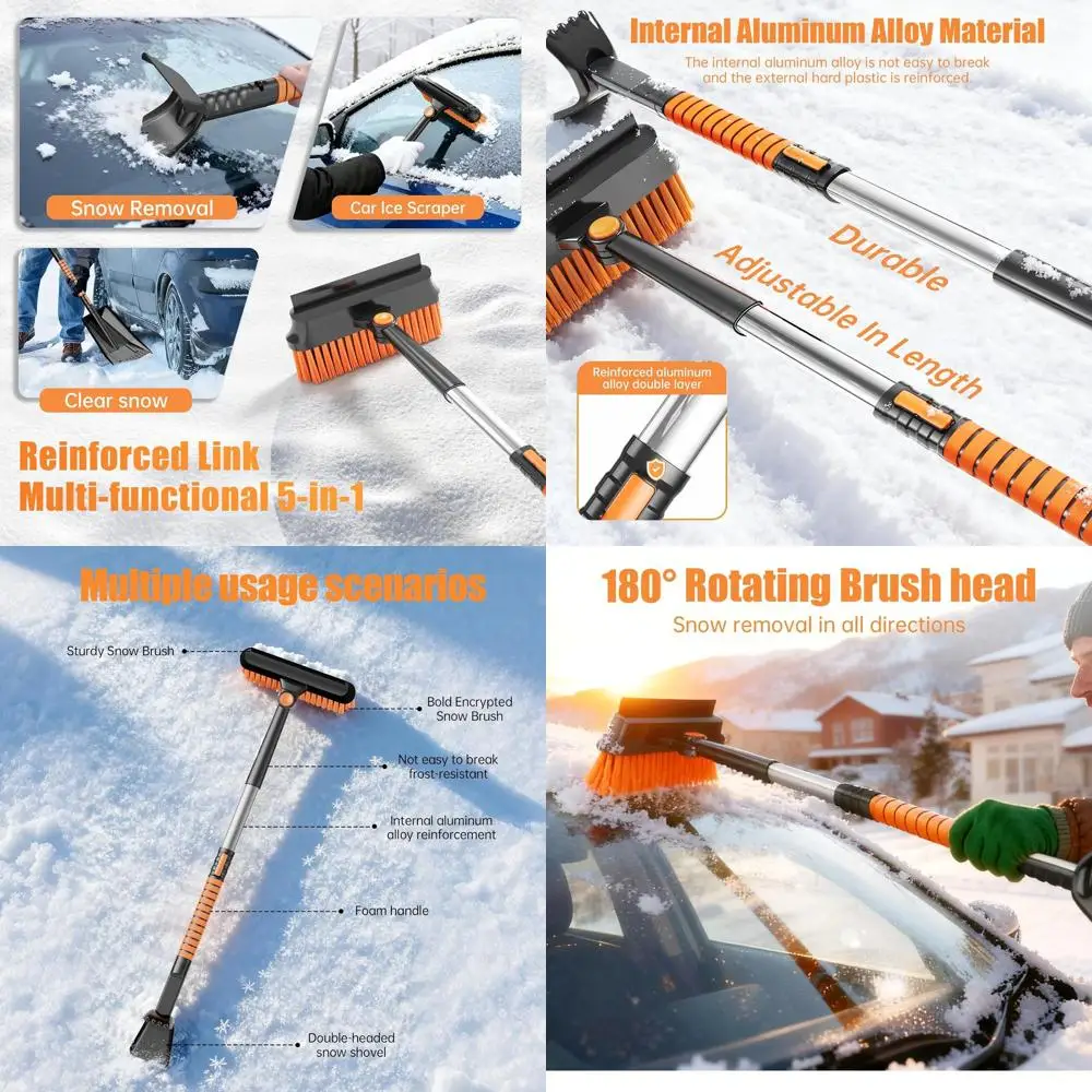 

42-дюймовая щетка для снега и скребок для льда для лобового стекла автомобиля, 5 в 1 с 180 ° Вращающаяся насадка щетки, толстая щетка из ПВХ, съемная и собранная,