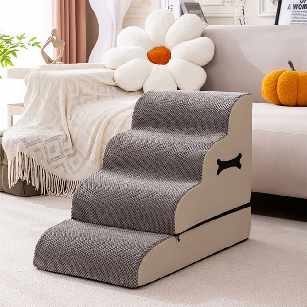 Ramp Pet Stairs 4-Tiers Dog Stairs Non-Slip Dog Ladders Ramp for High Bed and Couch Zipper Detachable Changeable for Dogs Cats