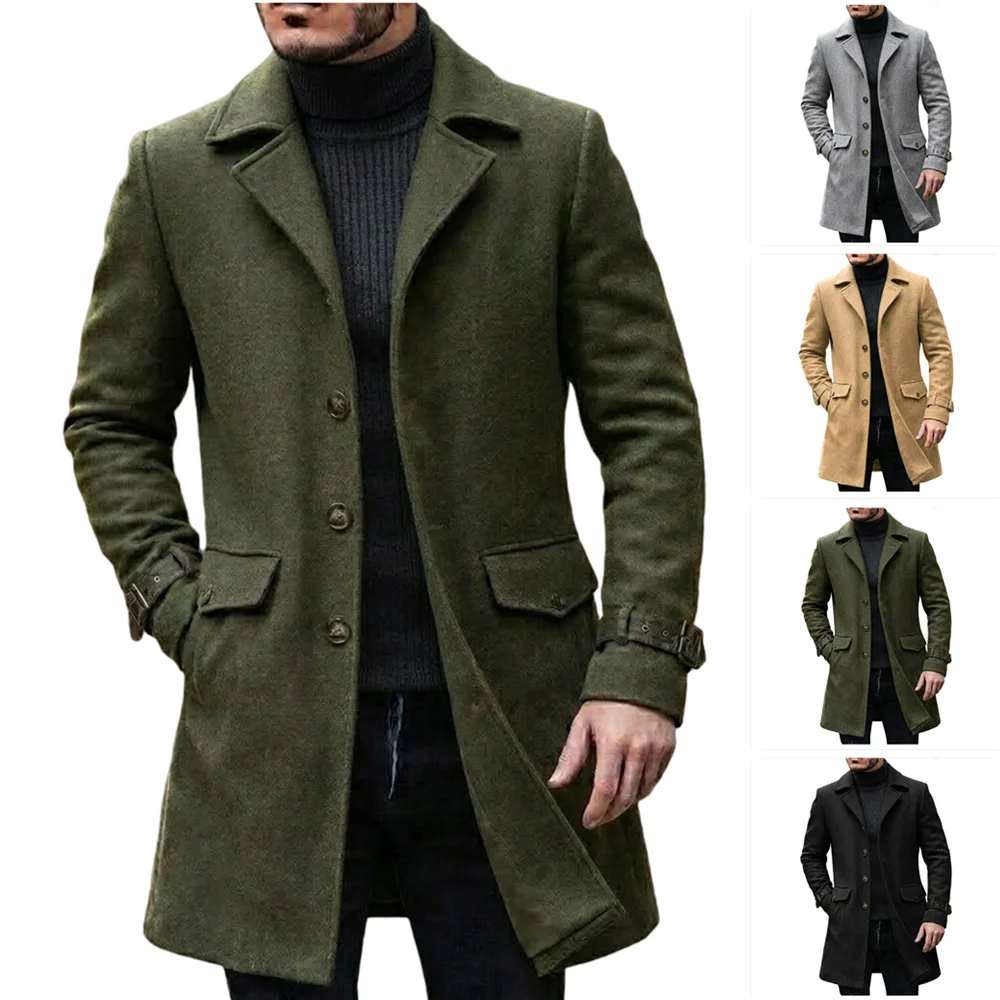 Wool Blends Coat Men Double Breasted Full Sleeve Mid Length Overcoat Work Casual Lapel Solid Y2k Outerwear Autumn Winter 2026