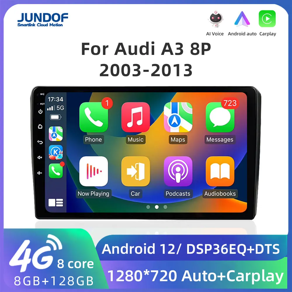 

Jundof 9 Inch Car Radio 2 Din Android 13 Stereo With Screen For Audi A3 8P 2003-2012 Carplay Intelligent System Multimedia Wifi