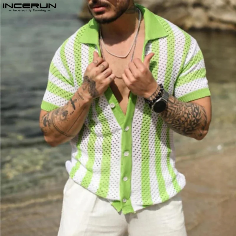 

INCERUN Tops 2024 American Style New Men's Striped Hollow Design Shirts Casual Well Fitting Hot Sale Short Sleeved Blouse S-5XL