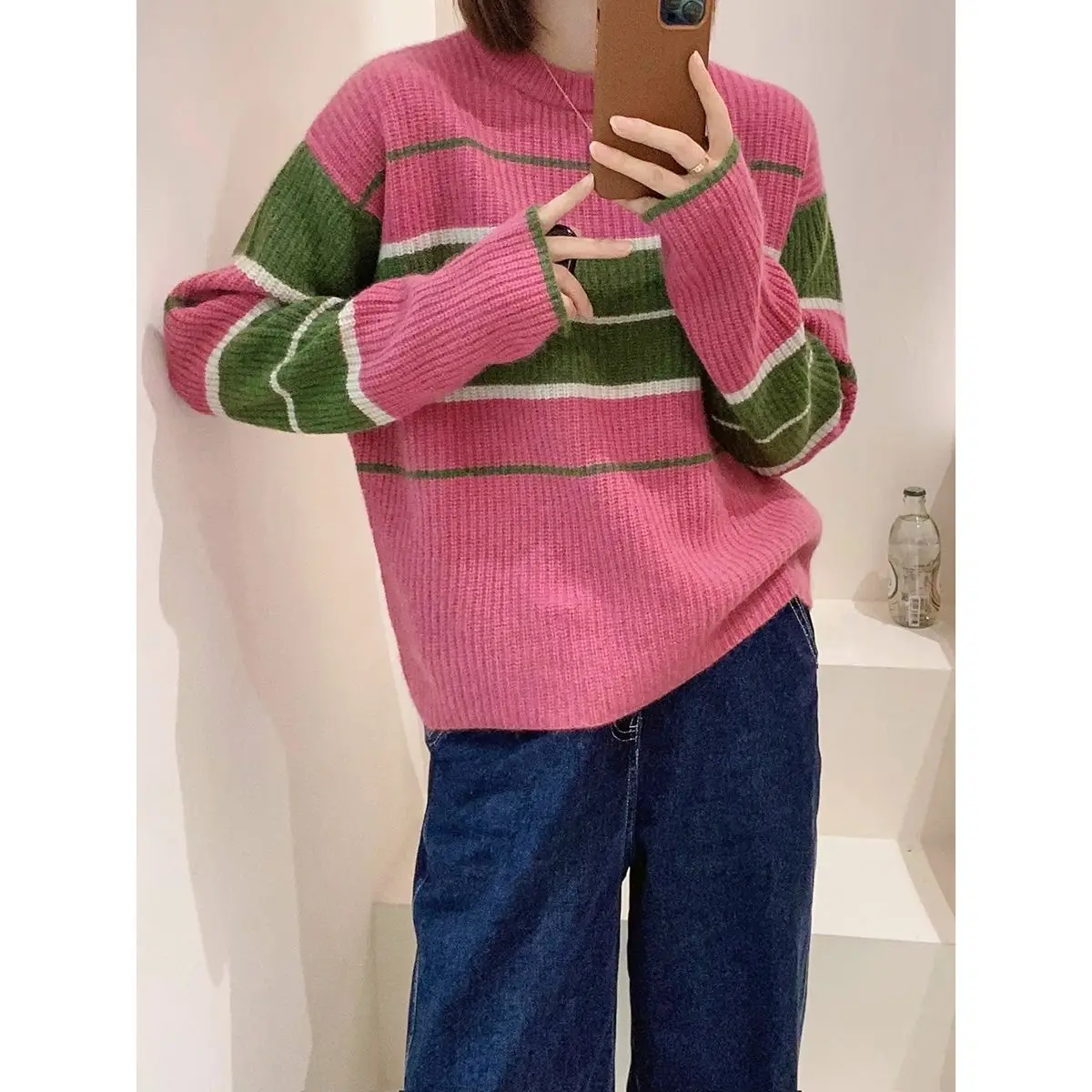 O-Neck Rose Red Gray Colour Striped Patchwork Women Top Color Contrast Thick Sense of Design Fashion Knitting Sweaters Pretty