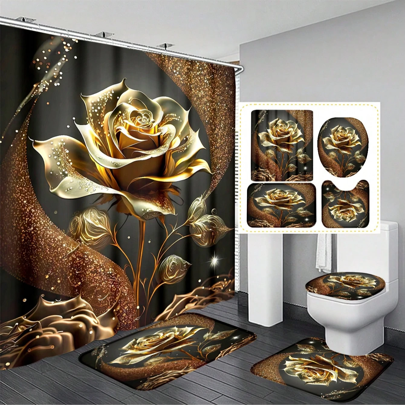 

4pcs Heart-Shaped Floral Pattern Shower Curtain Set, With 12 Hooks , Anti-Slip Bathroom Mat, Bathroom Decor Accessories