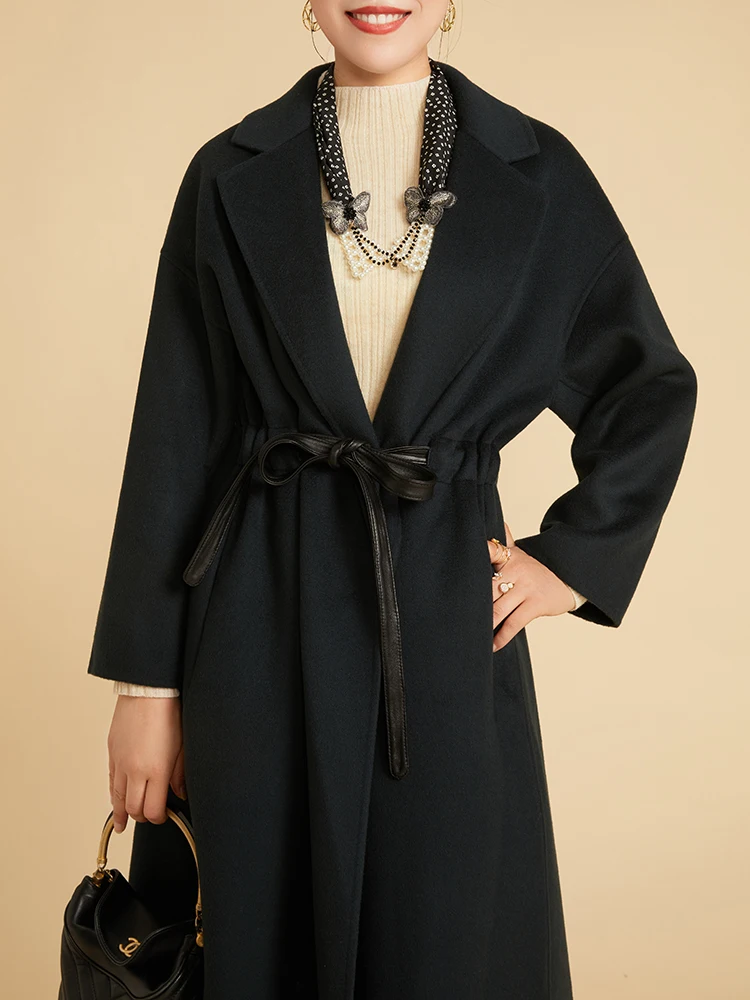 

Женское двустороннее твидовое пальто из чистой шерсти, средней длины, с поясом, премиум-класса, с кожаными вставками Aosphere