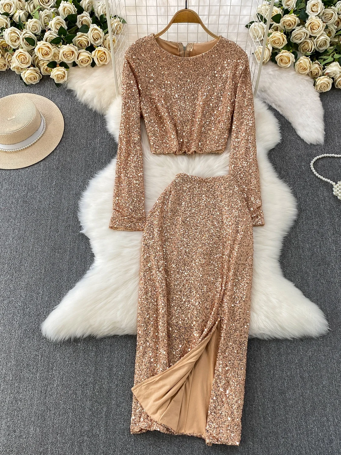 iny Lentejuelas redondas Ne Top Cintura alta Adelgazante Falda de longitud media Conjunto de dos piezas para mujeres Commute Sle Winter Faion