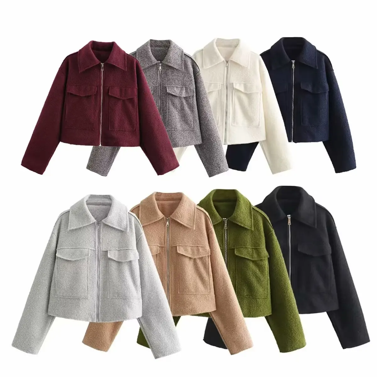 YJKDYK Spring Autumn Women's Woolen Coat Solid Color Zipper Short Jacket For Women Lapel 2 Pocket Ladies Coats Women's Tops