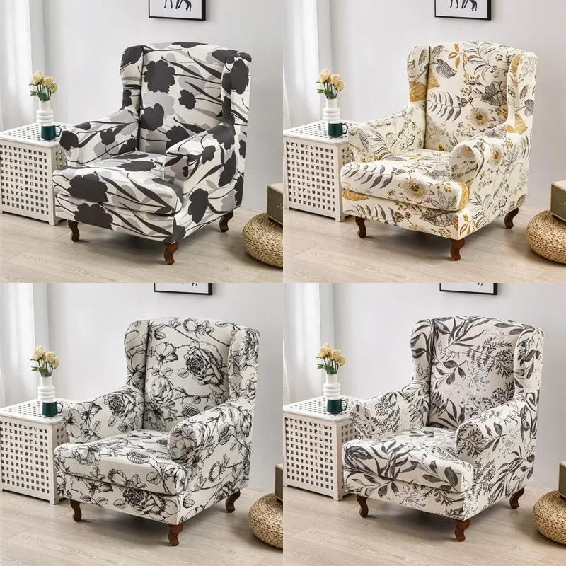 

Stretch Wing Chair Cover Floral Prints Wing Armchair Slipcovers Single Relax Sloping Back Sofa Protector with Cushion Covers