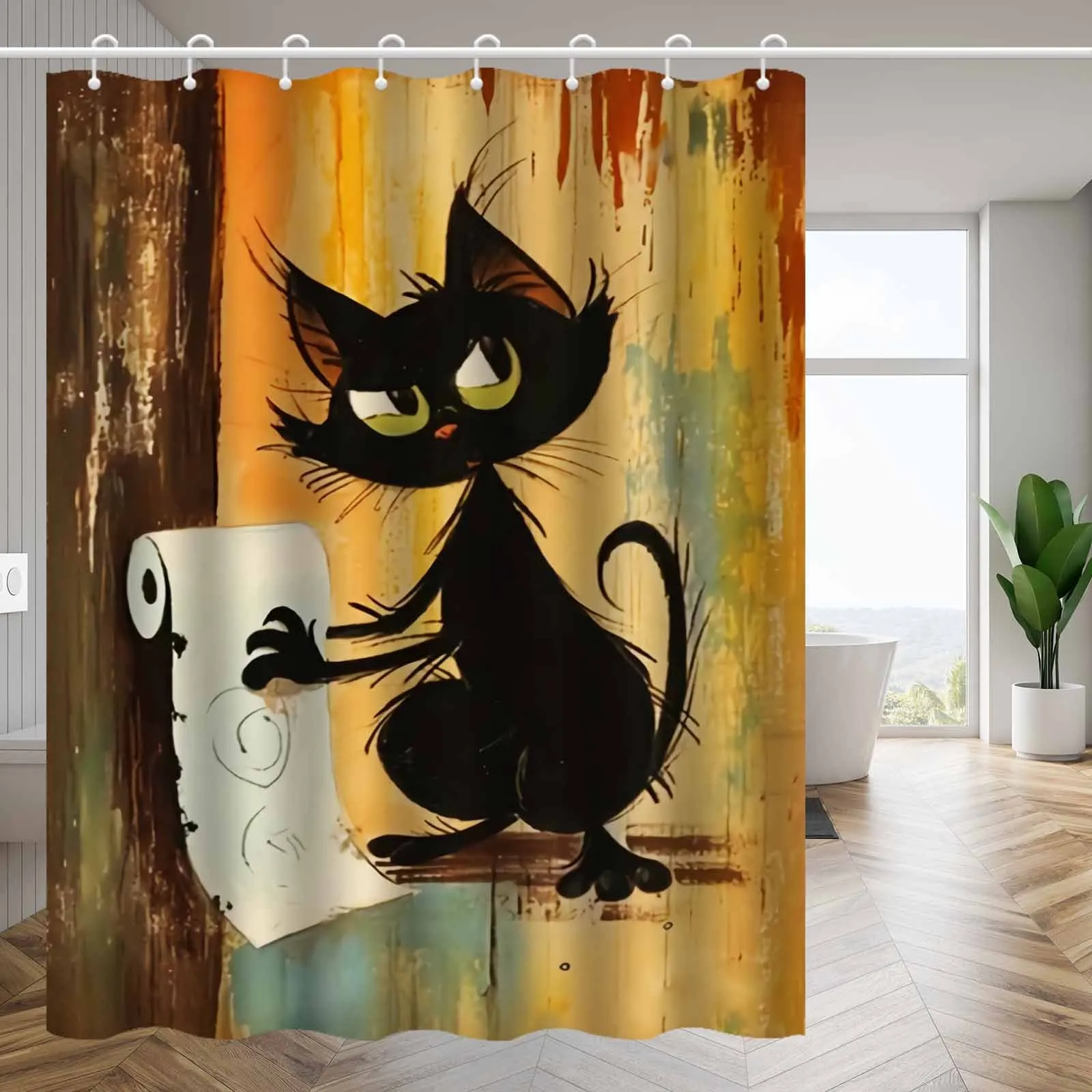 Funny Black Cat Shower Curtain Cartoon Cat Holding Toilet Paper Humor Art Bathroom Decor Waterproof Fabric Bath Curtain Set Home