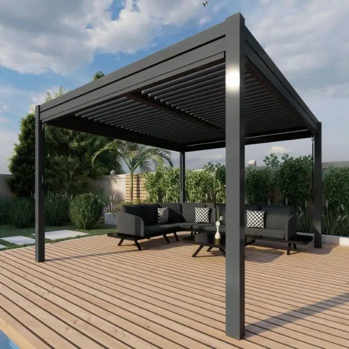 Motorized Adjustable Sun Shelter Waterproof Louver Roof Bioclimatic Modern Gazebo with Sliding Door Outdoor Aluminum Pergolas