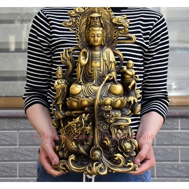 

44CM large home Porch lobby efficacious Protection efficacious Mascot Lotus dragon GUANYIN Buddha copper FENG SHUI statue