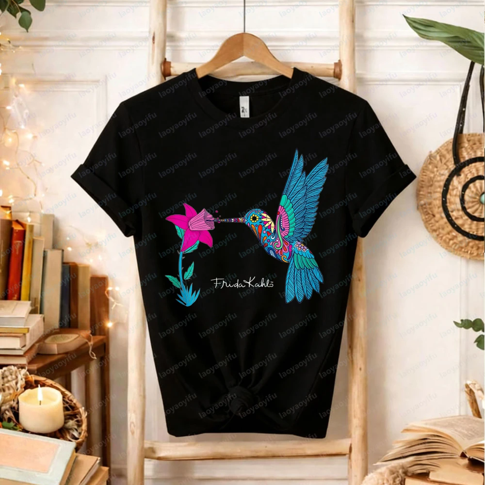 Frida Kahlo Hummingbird Floral T-Shirt Colorful Mexican Art Inspired Boho Cotton Tee Gift for Art Lovers gothic women clothes view 2