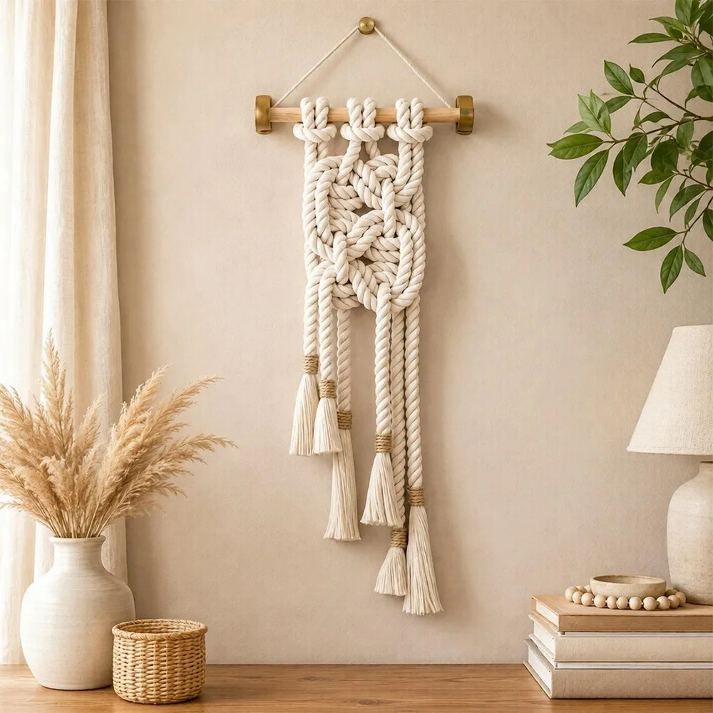 Macrame Wall Hanging Hand Woven Cotton Rope Tassel Tapestry Boho Wall Art for Living Room Bedroom Home Decor
