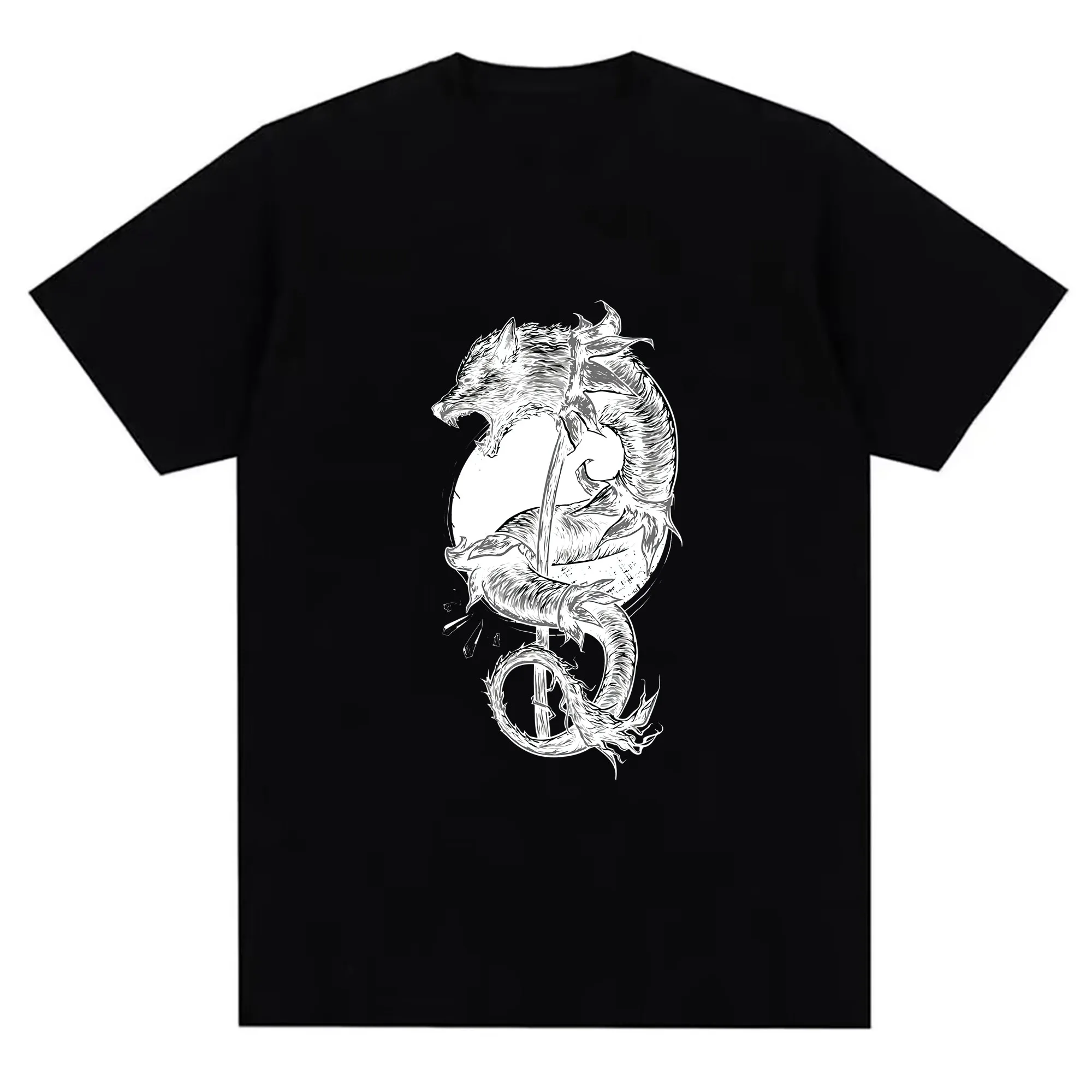 تي شيرت رجالي مطبوع عليه Dragon-Snake - تي شيرت مريح 100% قطن يسمح بمرور الهواء، قميص كاجوال عصري بتصميم فني باللونين الأسود والأبيض، P #3