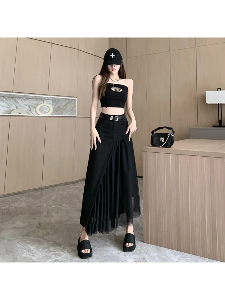 Women Patchwork Black Gothic Skirt Harajuku Korean Y2k Long Skirt Fashion Streetwear Vintage A-line Skirt 90s Emo 2000s Clothes