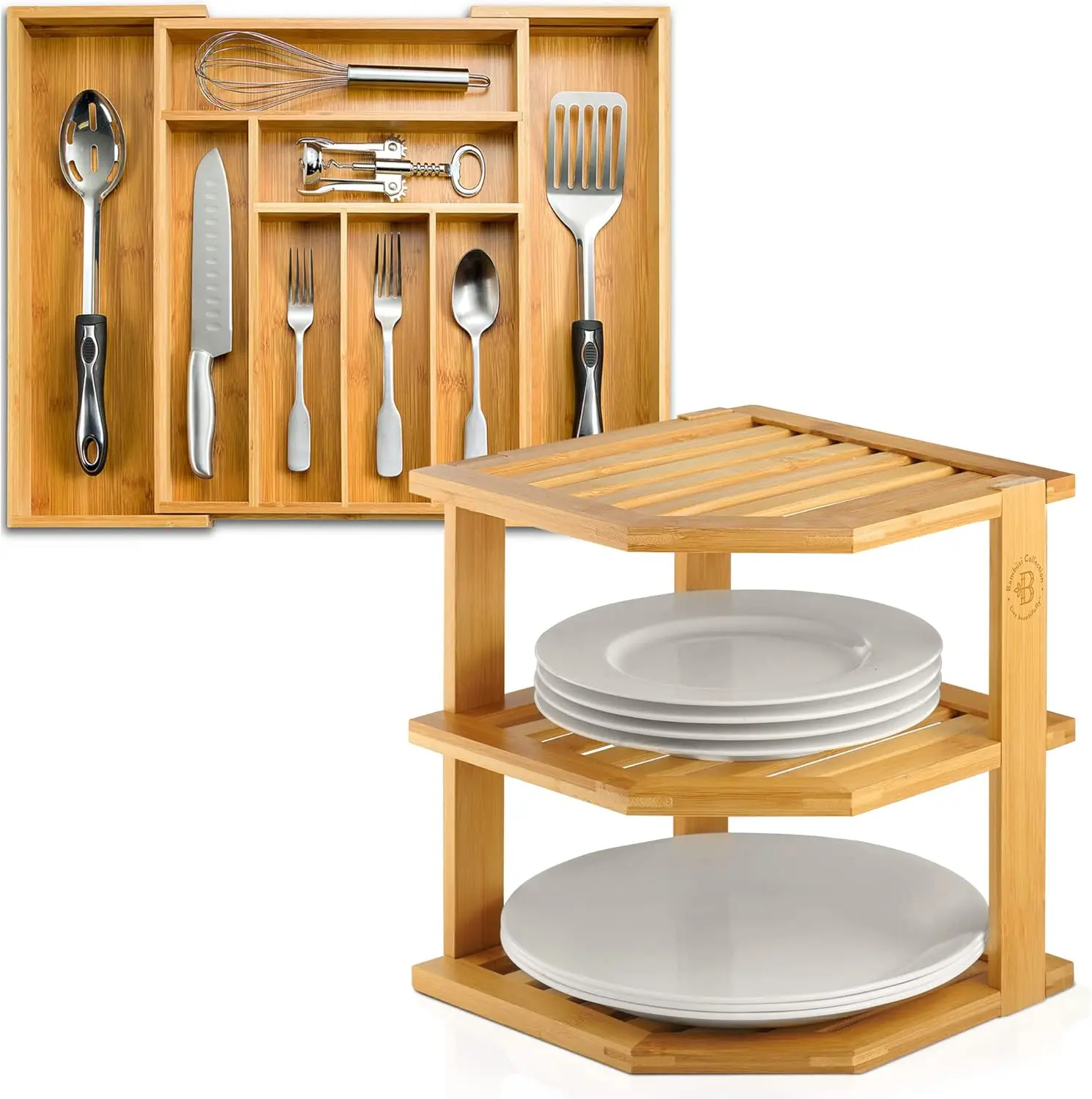 

Бамбуковая угловая кухонная полка и расширяемый бамбуковый органайзер для столового серебра