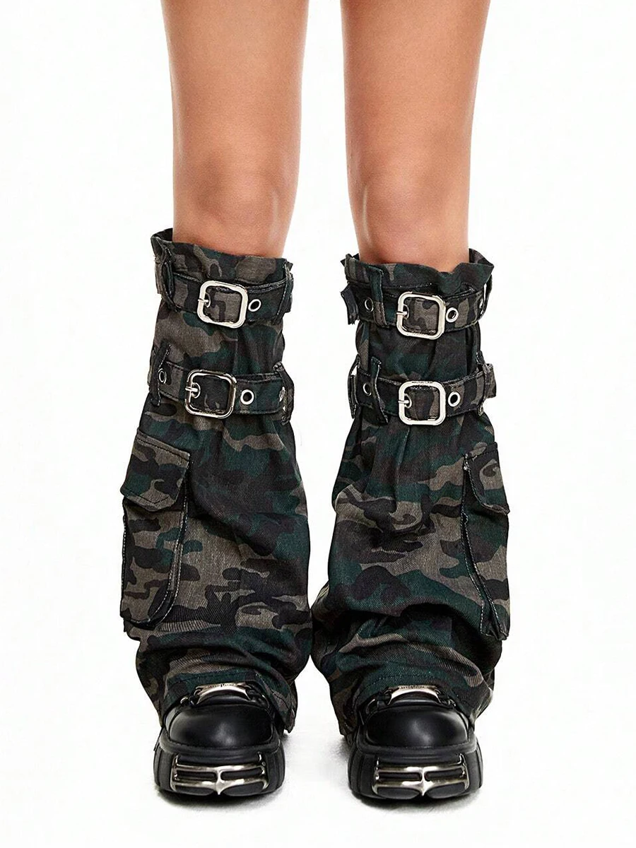 RORORIRI Retro Camouflage Denim Leg Warmers Women Eyelets Belted Cargo Pockets Knee Long Socks Boots Cover Punk Y2k Streetwear