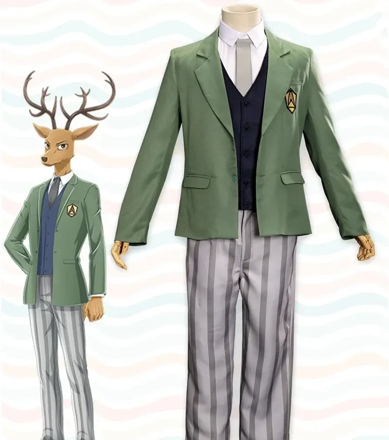 Anime Beastars Louis Cosplay Costumes Red Dear Legoshi Cherryton Academy Uniform Set Green Suit Shirt Vest Coat Belt Pants Tie