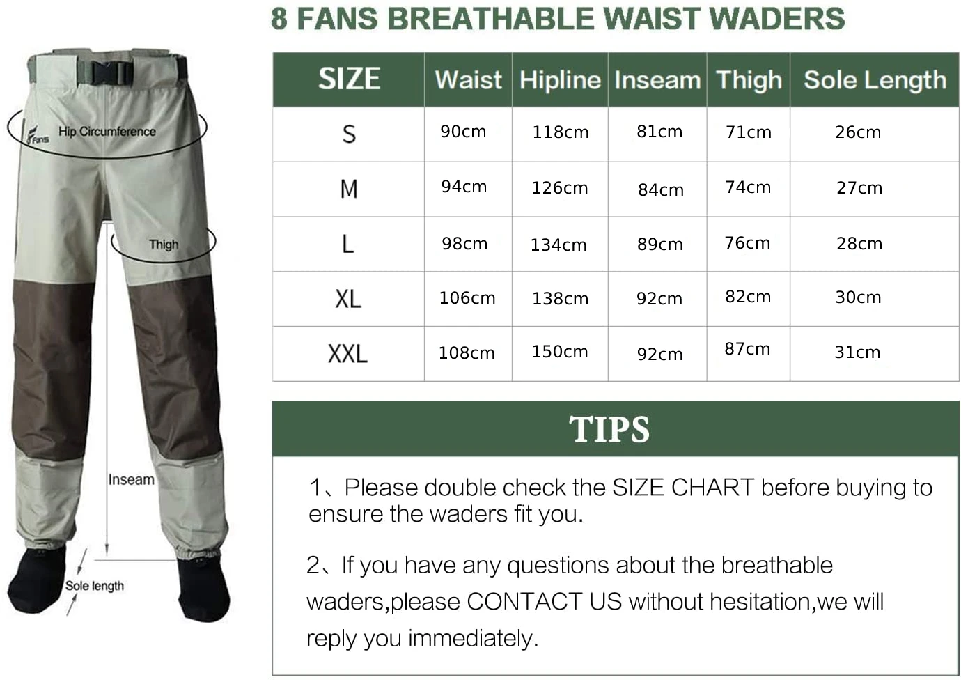 8Fans Waist Waders for Mens Womens,3-Ply Durable Breathable Waterproof Stockingfoot Insulated Wading Pants for Fishing Kayaking