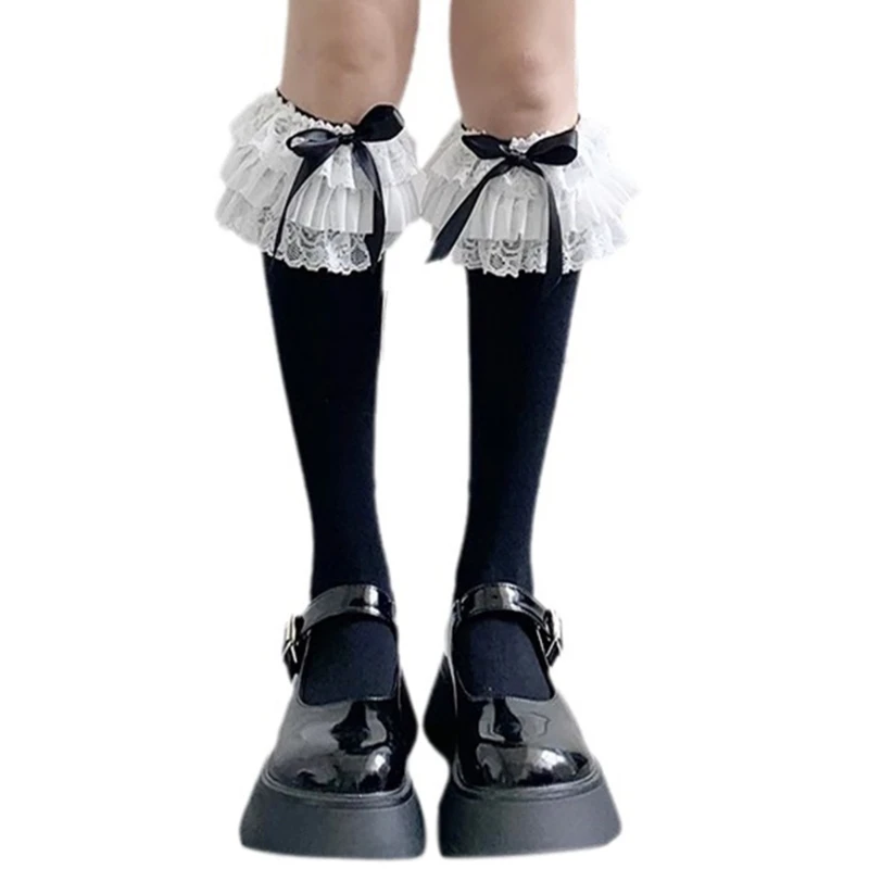 Fashionable Frilly Anklet Socks with Tiered Ruffle Lace Sweet Bowknot Wing Calf Socks for Parties and Casual Outfits