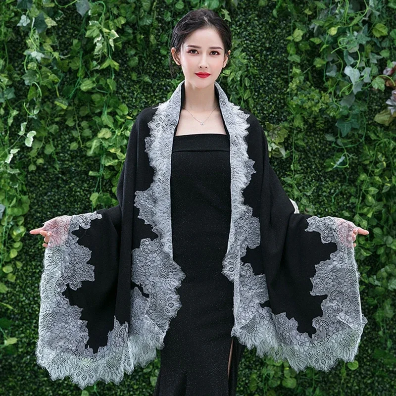 Pashmina elegante otoño para mujer, bufanda Vintage, vestido noche, chal envolvente, pestaña Floral, borde encaje, capa estola boda