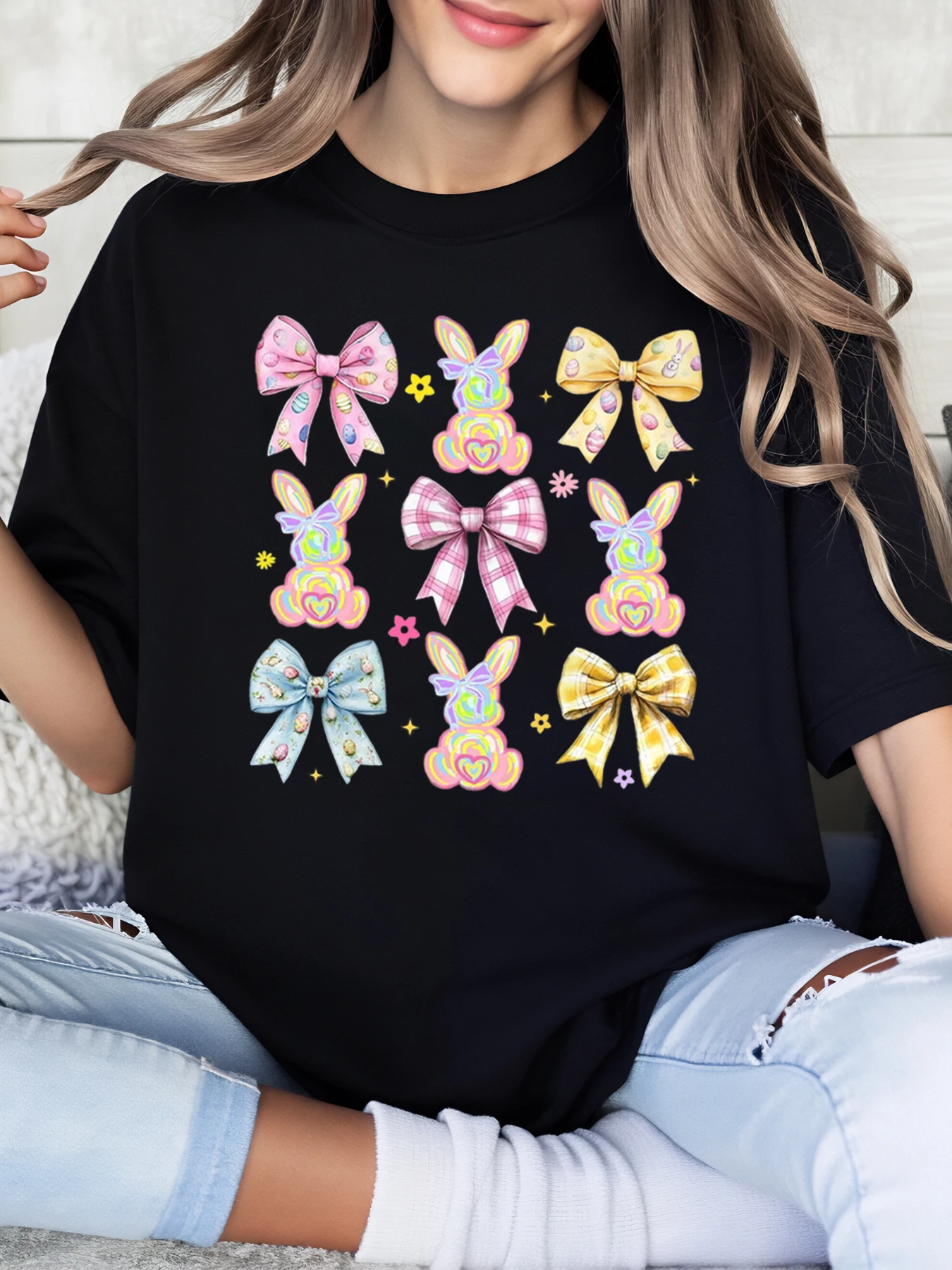 Easter Bunny and Bow Print Easter T-Shirt Women's Casual Wear for Spring Festival Black Plus Size
