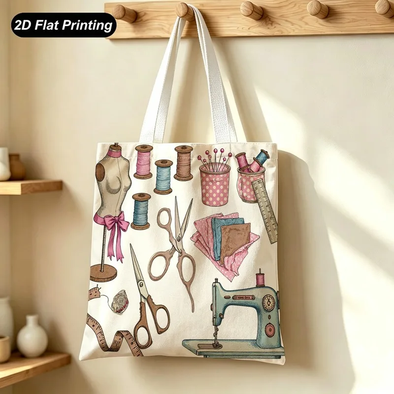 1PC【Tote Bag】2DFlat effect，Vintage Sewing Pattern Tote Bag，Large Capacity，Size15.7in*13.8in，Suitable shopping/Shopping/