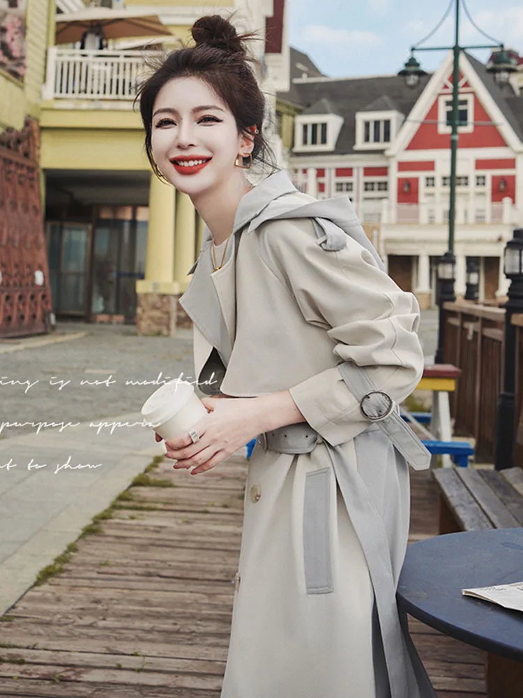 LANMREM Fashion Windbreaker For Women Hoodied Color Block Long Sleeves Double Breasted Loose Big Size Female Streetwear 2DA7506