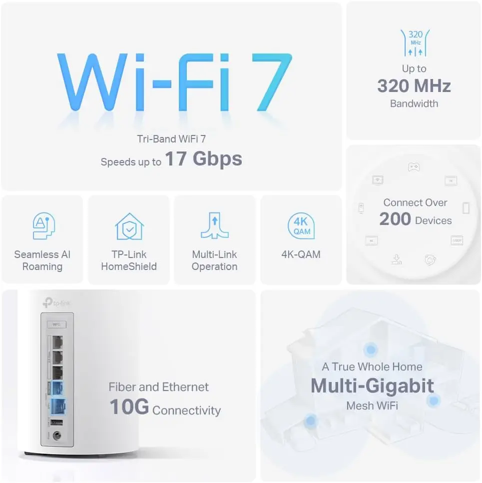 نظام TP-Link Deco BE75 BE17000 ثلاثي الموجات WiFi 7 Mesh - 8-Stream، 17 جيجابت في الثانية، توصيل أجهزة أكثر، سلكي بسرعة 10 جيجابت في الثانية، توصيل AI، سلكي