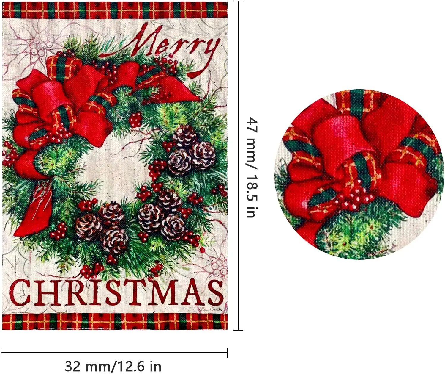 LUTER 12x18inch Merry Christmas Garden Garland Flag, Double Sided Burlap Plaid Edge Decorative Wreath Buffalo Burlap Garden Flag