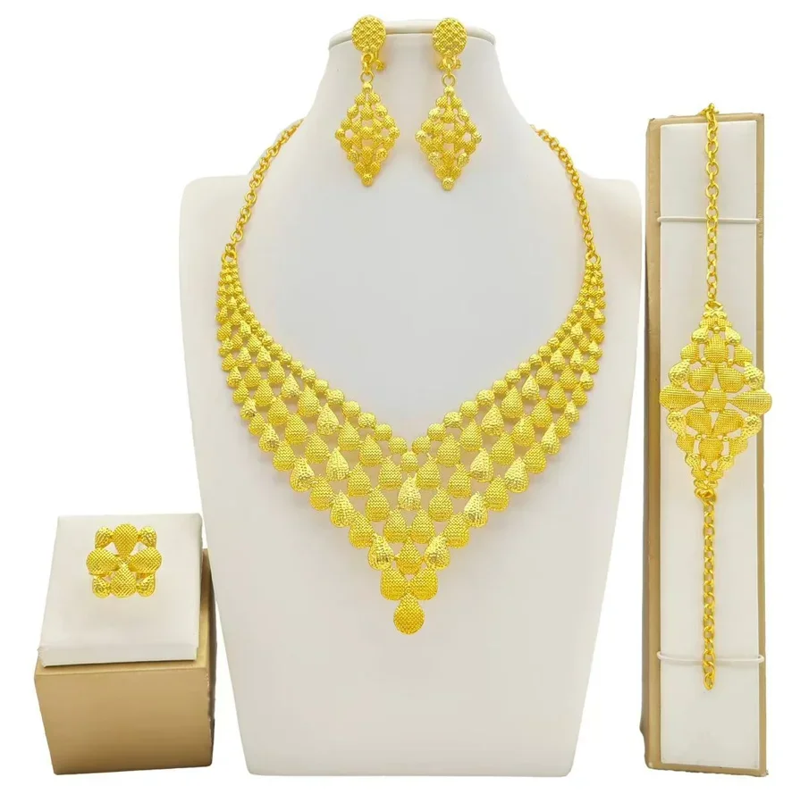 Luxury Indian Big Bow Shape Bridal Long Tassel Necklace Earrings Sets Dubai Gold Color Plated Jewelry Set Ethiopian Jewellery